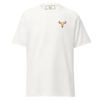 Camiseta de algodón clásica unisex blanca con el logo de la calavera de toro de David Mateo Art con los colores de España.