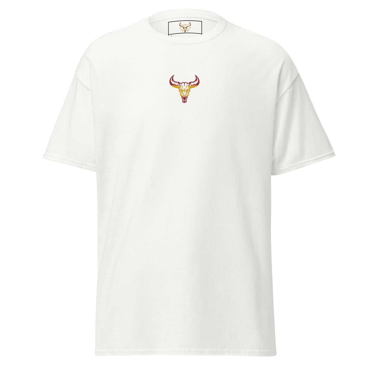 Camiseta de algodón unisex clásica blanca con el logo de la calavera de toro de David Mateo Art con los colores de España.