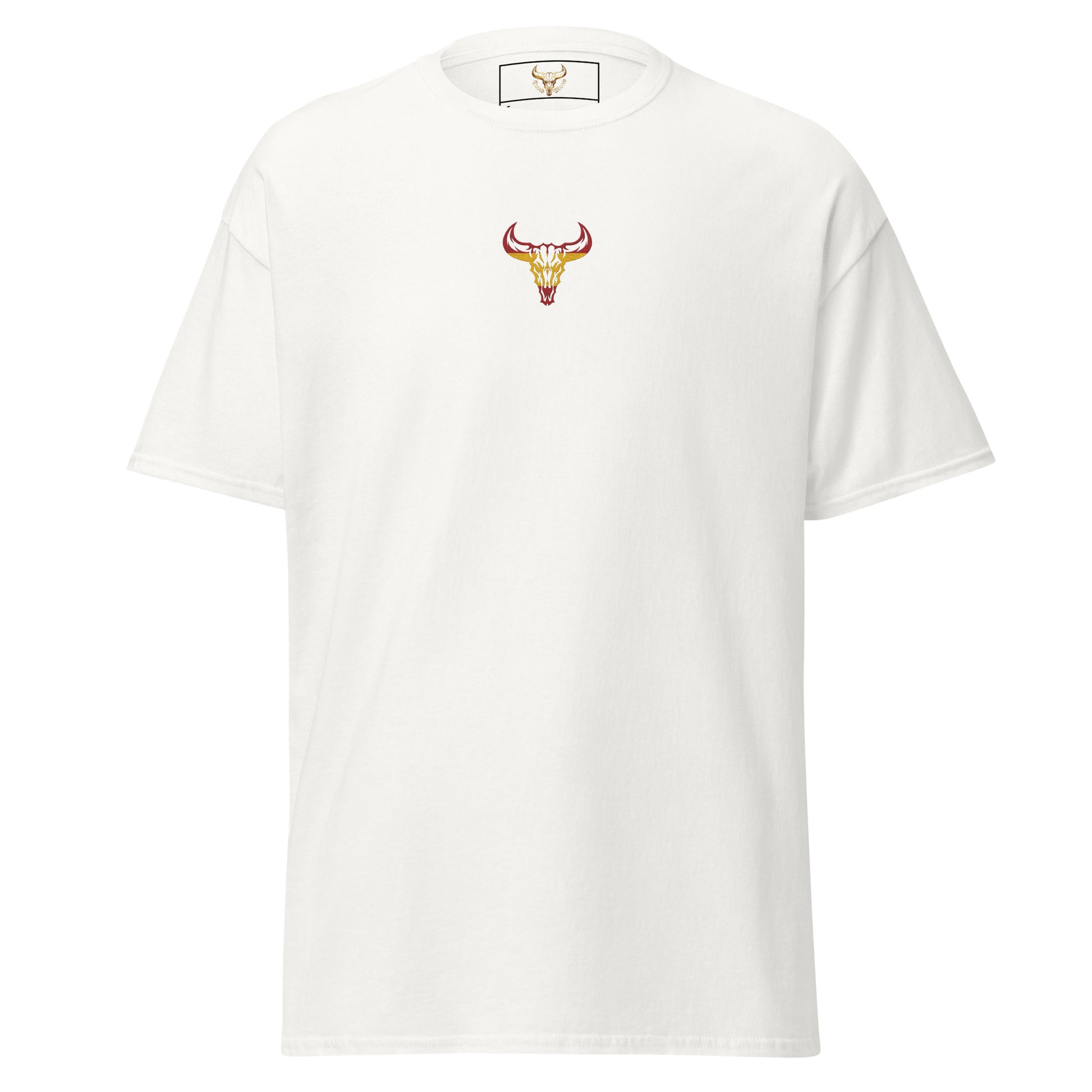 Camiseta de algodón unisex clásica blanca con el logo de la calavera de toro de David Mateo Art con los colores de España.