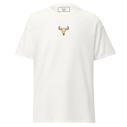 Camiseta de algodón unisex clásica blanca con el logo de la calavera de toro de David Mateo Art con los colores de España.