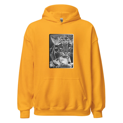Product mockup, unisex yellow hoodie with leopard design.