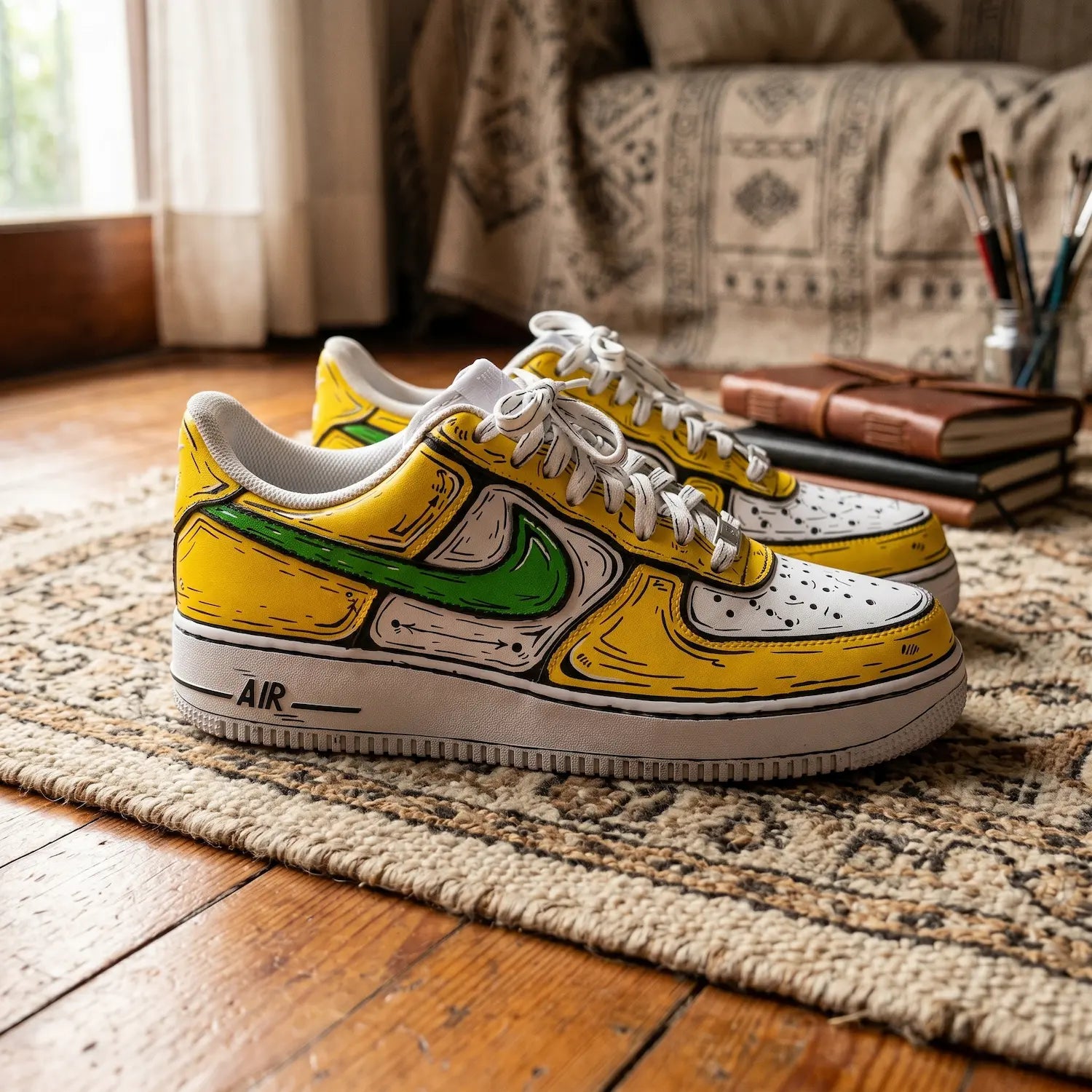 Zapatillas personalizadas Nike Air Force 1 en estilo cartoon amarillas.