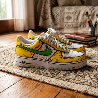 Zapatillas personalizadas Nike Air Force 1 en estilo cartoon amarillas.