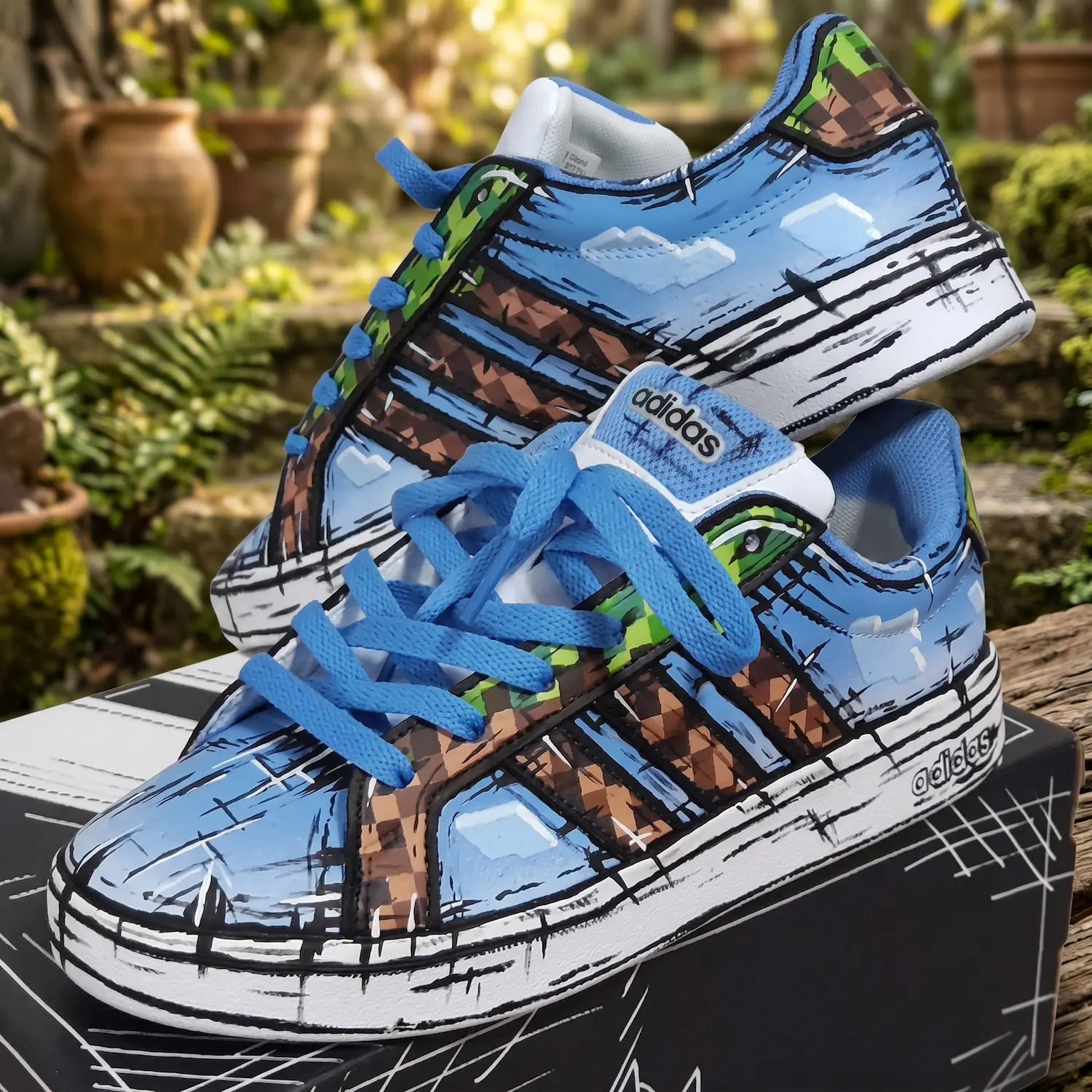 Zapatillas pintadas a mano por David Mateo con temática de Minecraft.