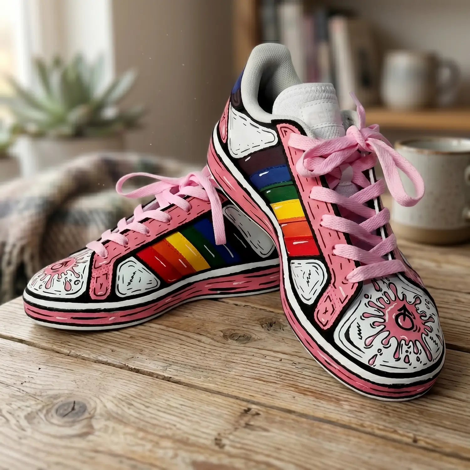 Zapatillas pintadas a mano por David Mateo con temática LGTBY, con colores de la bandera del orgullo.