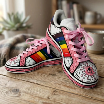 Zapatillas pintadas a mano por David Mateo con temática LGTBY, con colores de la bandera del orgullo.